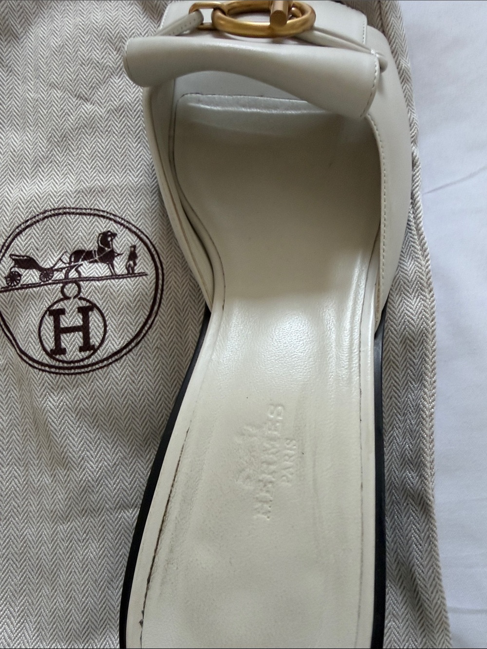 Hermes Ivory Leather Slide Mules with Gold Ring Accent - Picture 4 of 8